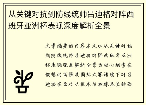 从关键对抗到防线统帅吕迪格对阵西班牙亚洲杯表现深度解析全景